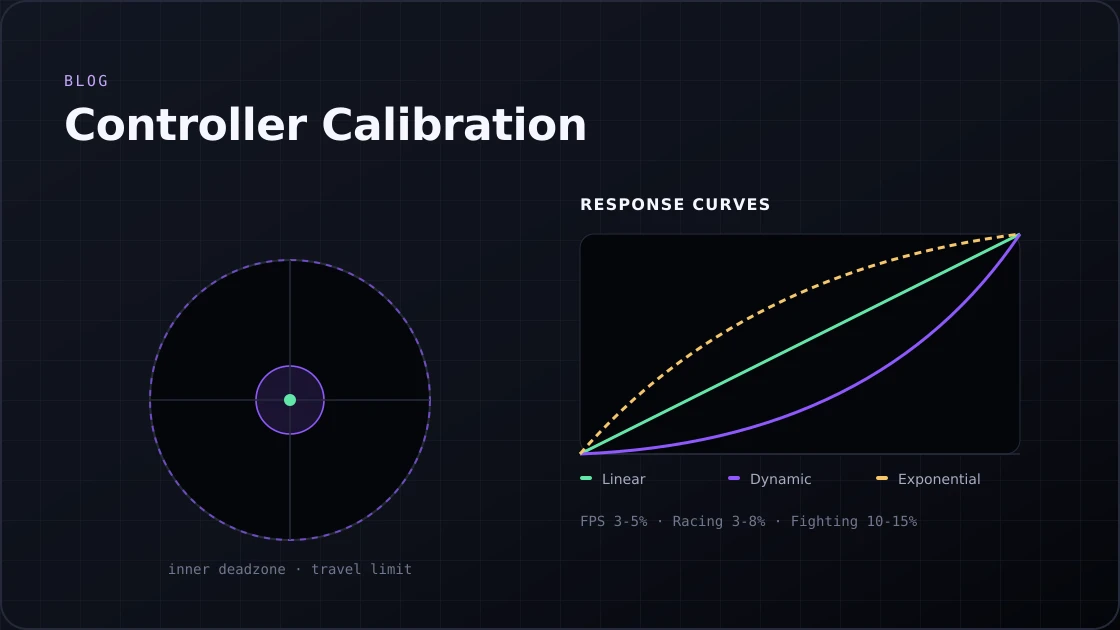 Calibration diagram showing the inner deadzone and travel limit beside linear, dynamic and exponential response curves