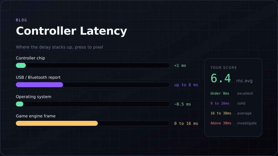Breakdown of where controller input latency accumulates, from the controller chip through to the game engine frame