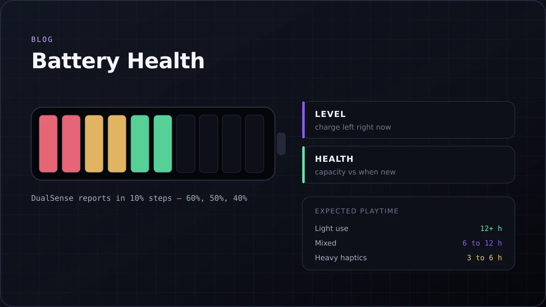 Battery diagram showing the DualSense reporting charge in ten per cent steps, with battery level compared against battery health